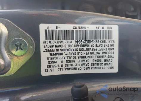 2013 Honda Civic Lx z USA, uszkodzony, nr VIN 19XFB2F54DE249644